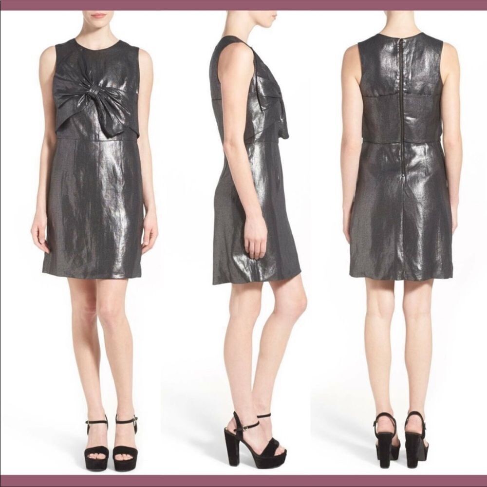 RACHEL ANTONOFF | Metallic Bow Front Sheath Dress Black Silver Size 12 Petite